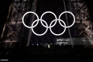 Canadian singer Celine Dion performs on the Eiffel Tower during the opening ceremony of the Paris 2024 Olympic Games in Paris on July 26, 2024. (Photo by Ludovic Marin - Pool/Getty Images)